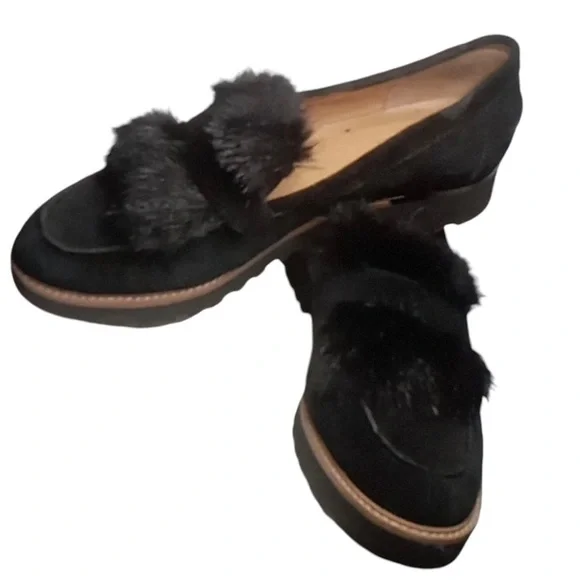 Women’s FRANCO SARTO Cyrus Black Suede Faux Fur Loafers Shoes - Picture 1 of 6